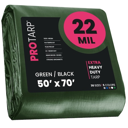 Protarp Heavy Duty Tarp, 50 ft x 70 ft, 22 Mil, Green/Black, Polyethylene PT-203-50X70
